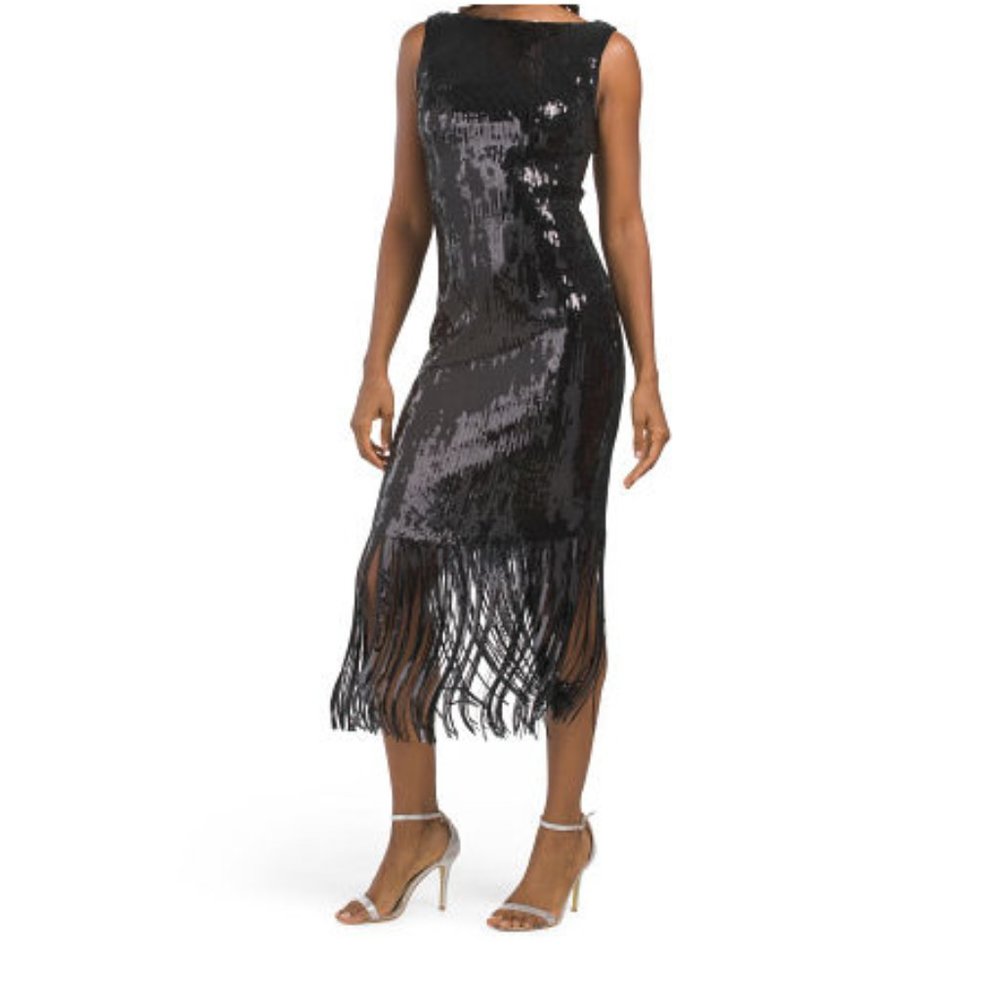 NANETTE LEPORE V-Neck Black Sequin Fringe Dress Size: 8 NWT